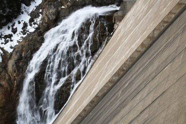 BOULDER, CO - MARCH 2 : Photo taken water from the spillway of the Gross dam to South Bolder Creek in Boulder, Colorado on Friday, April 2, 2021. The Denver Water owned reservoir has a surface area of 440 acres, and the spillway sits at 7,225 feet elevation. (Photo by Hyoung Chang/The Denver Post)